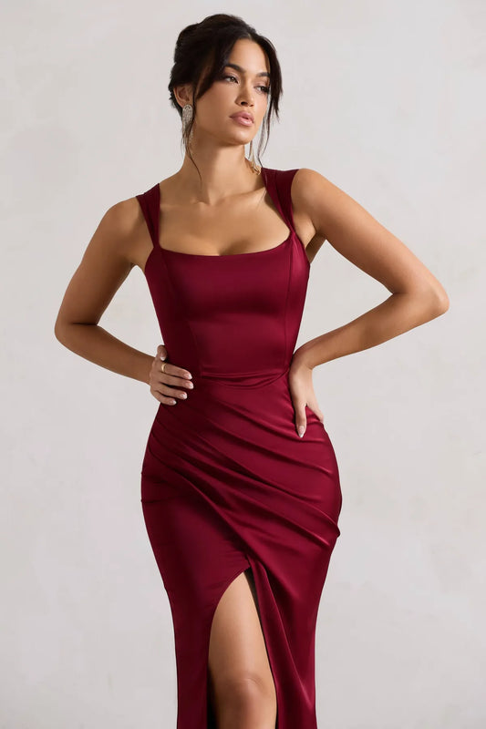 A Romantic Satin Corset Wrap Maxi Dress