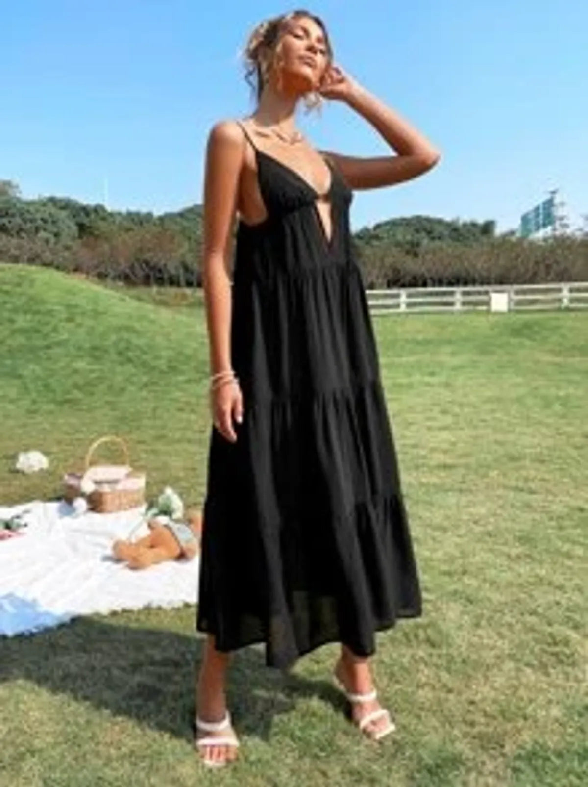 Black Color Cut Out Front Ruffle Hem Cami Dress