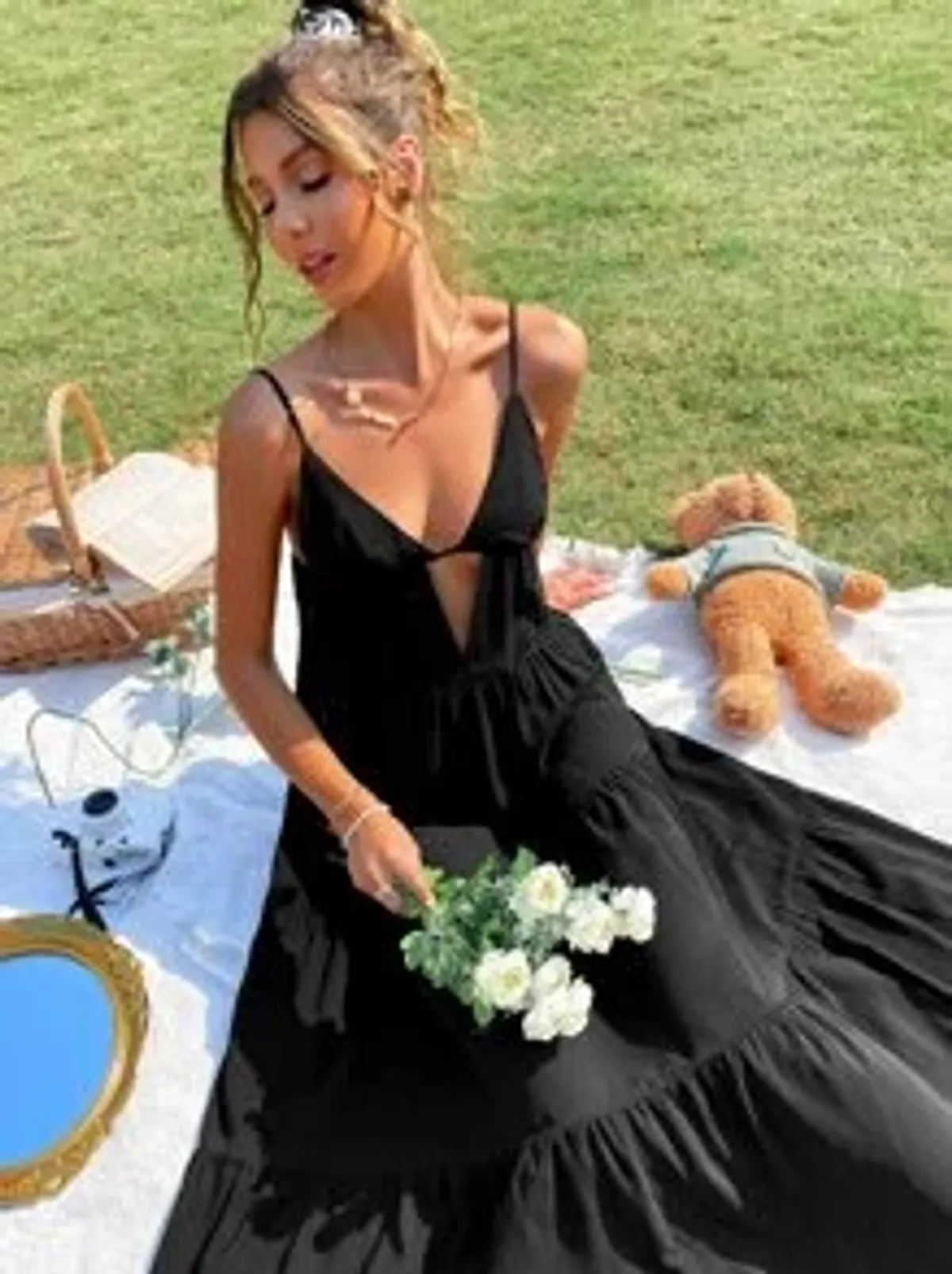Black Color Cut Out Front Ruffle Hem Cami Dress