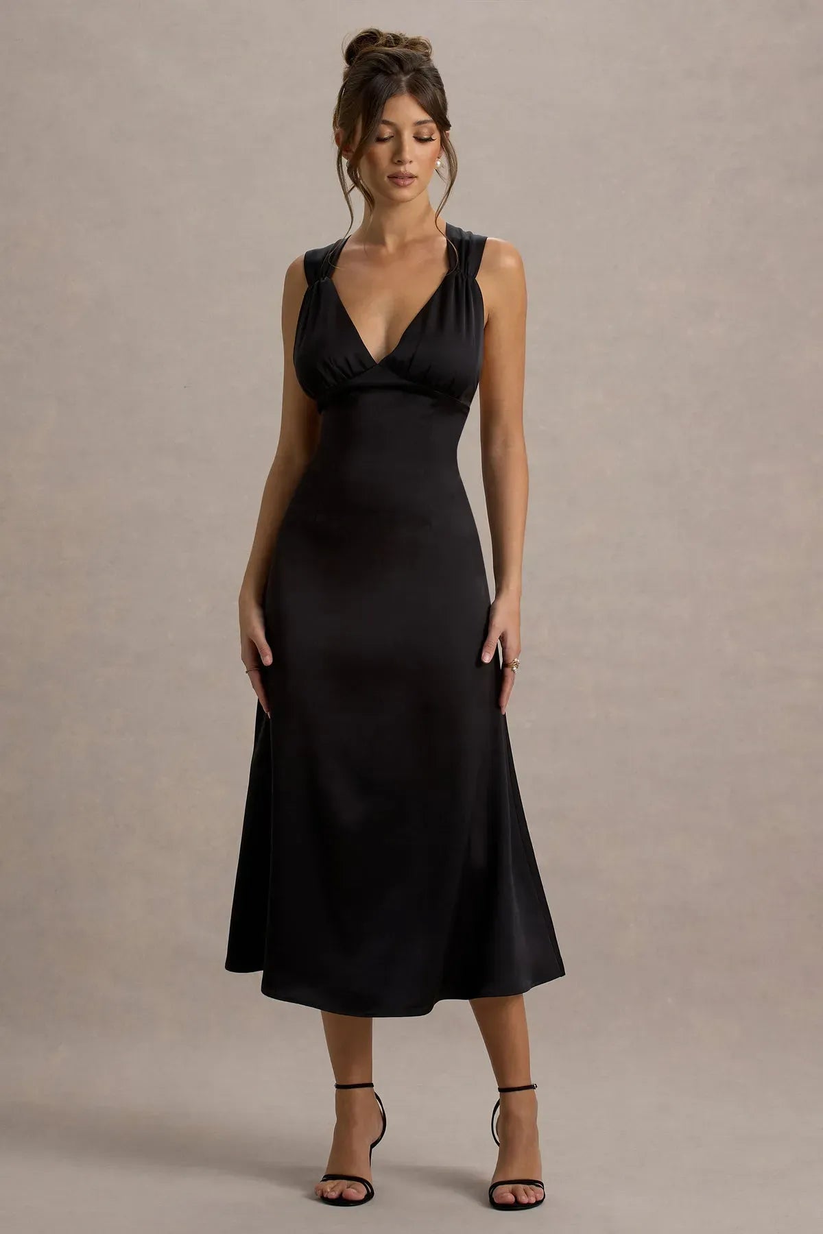 Black-Satin-Plunge-Neck-Cross-Back-Midi-Dress