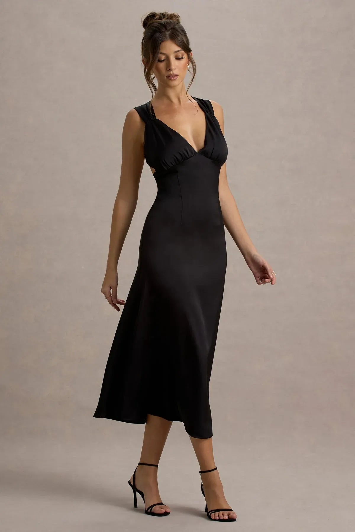Black-Satin-Plunge-Neck-Cross-Back-Midi-Dress