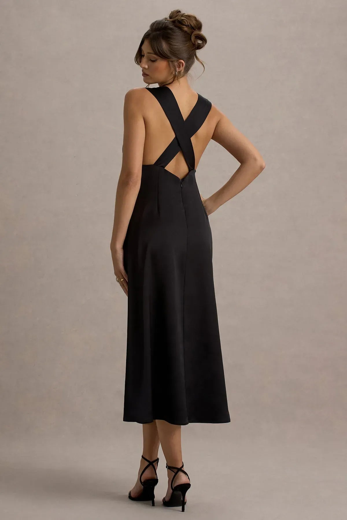 Black-Satin-Plunge-Neck-Cross-Back-Midi-Dress