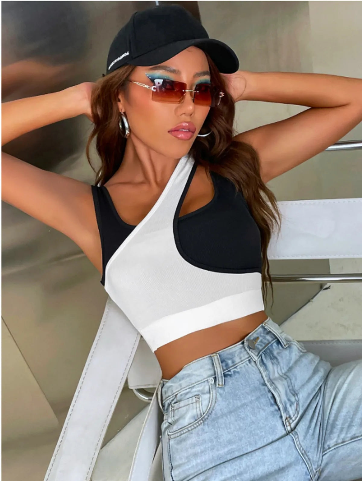 Two Tone Asymmetrical Neck Tank Top