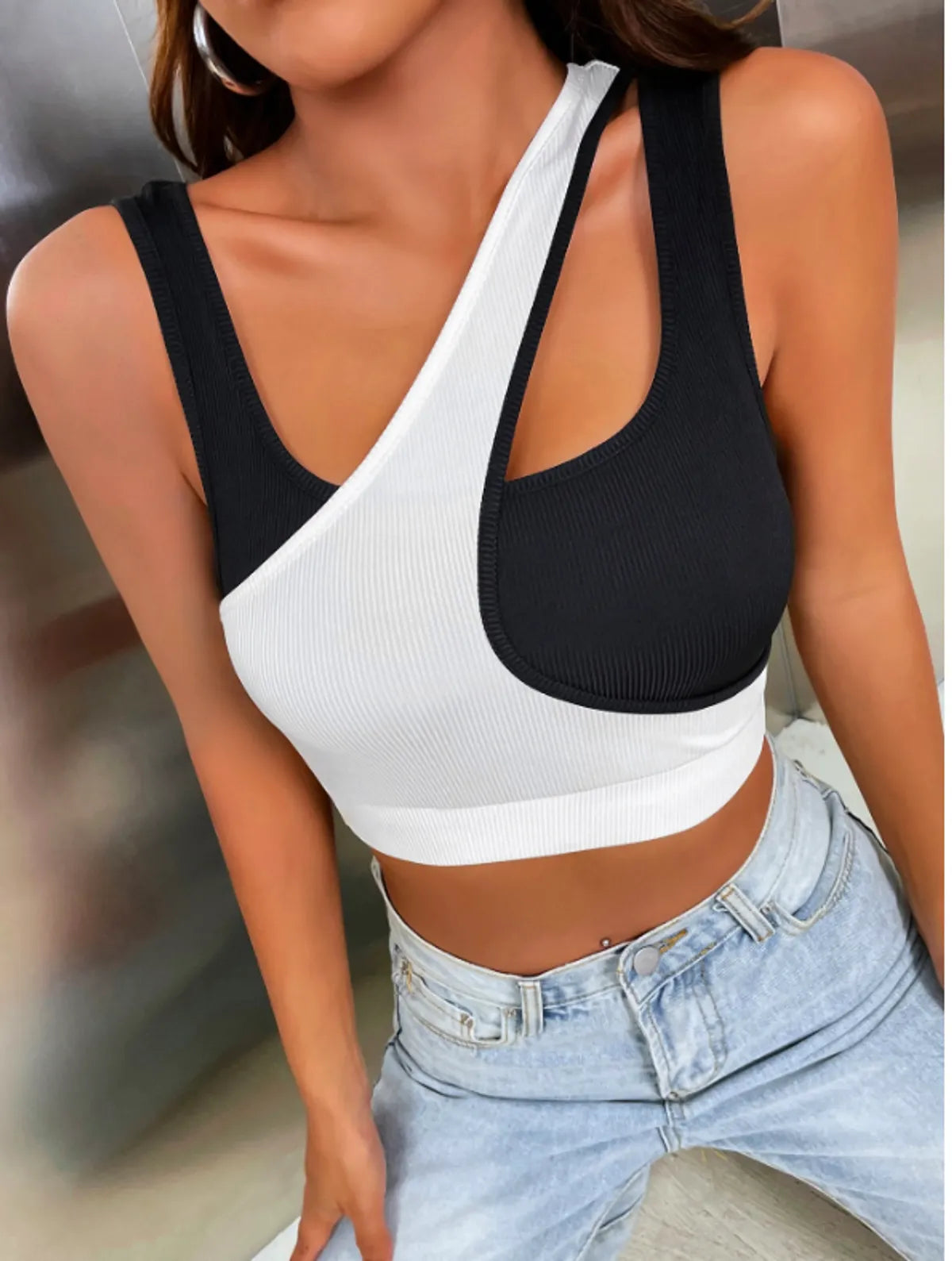 Two Tone Asymmetrical Neck Tank Top