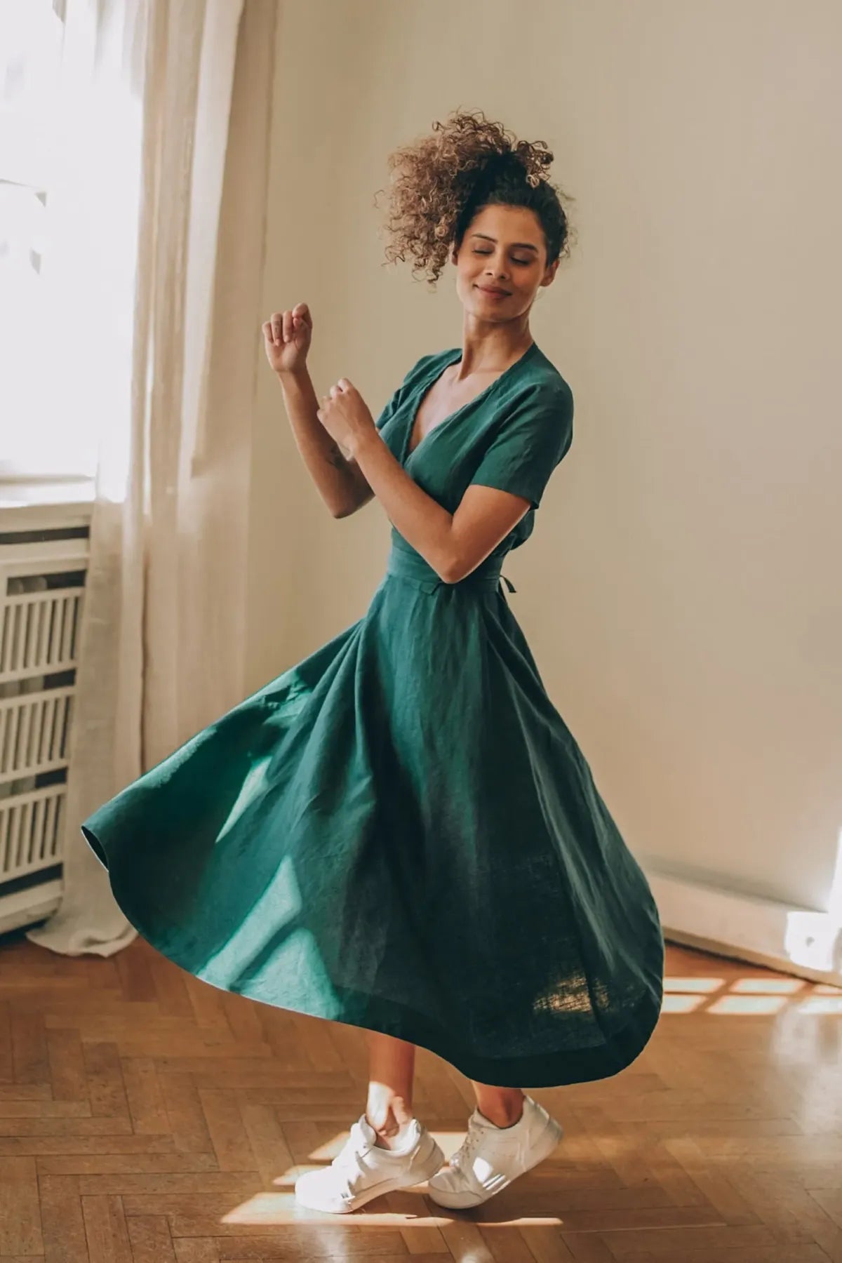 Green-Classic-Linen-Cotton-Dress-Women