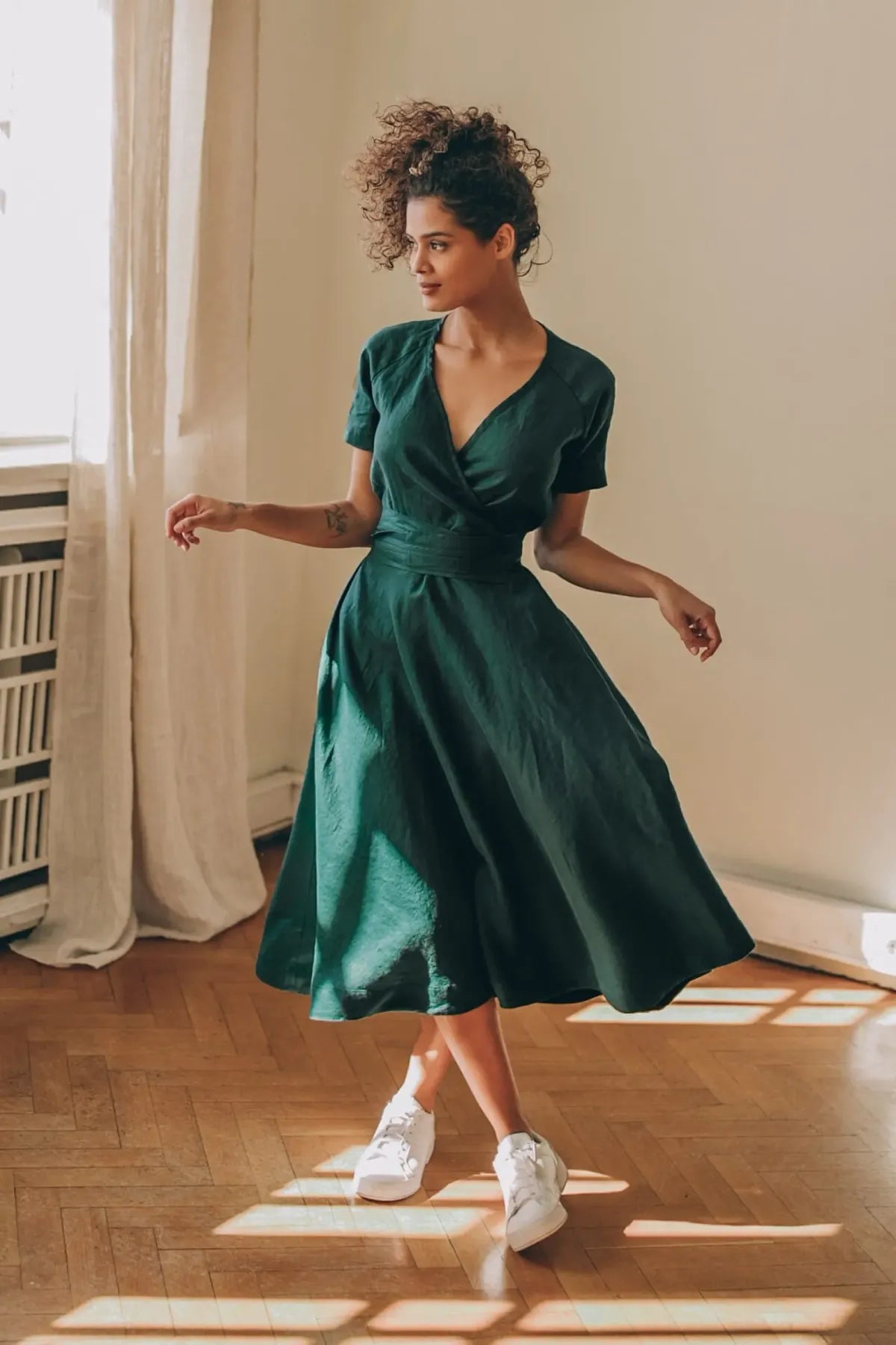 Green-Classic-Linen-Cotton-Dress-Women