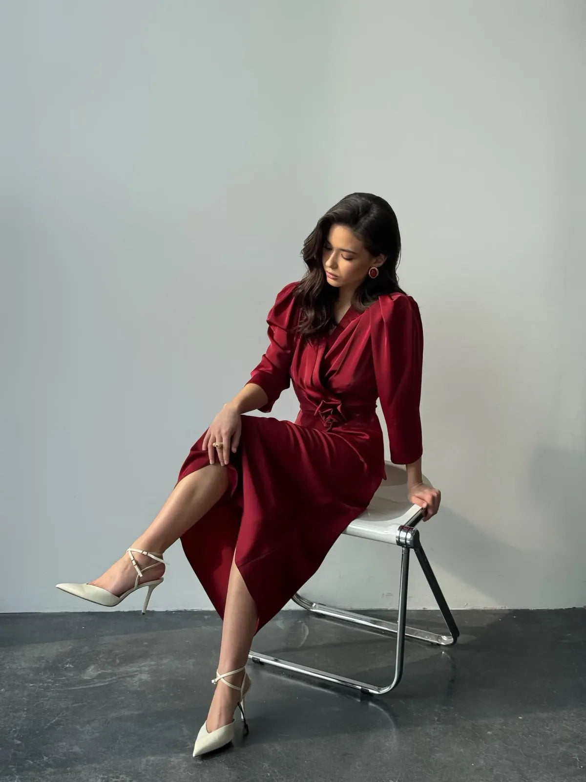 Red-Exquisite-Silk-Suit-Blouse---Midi-Skirt-Set