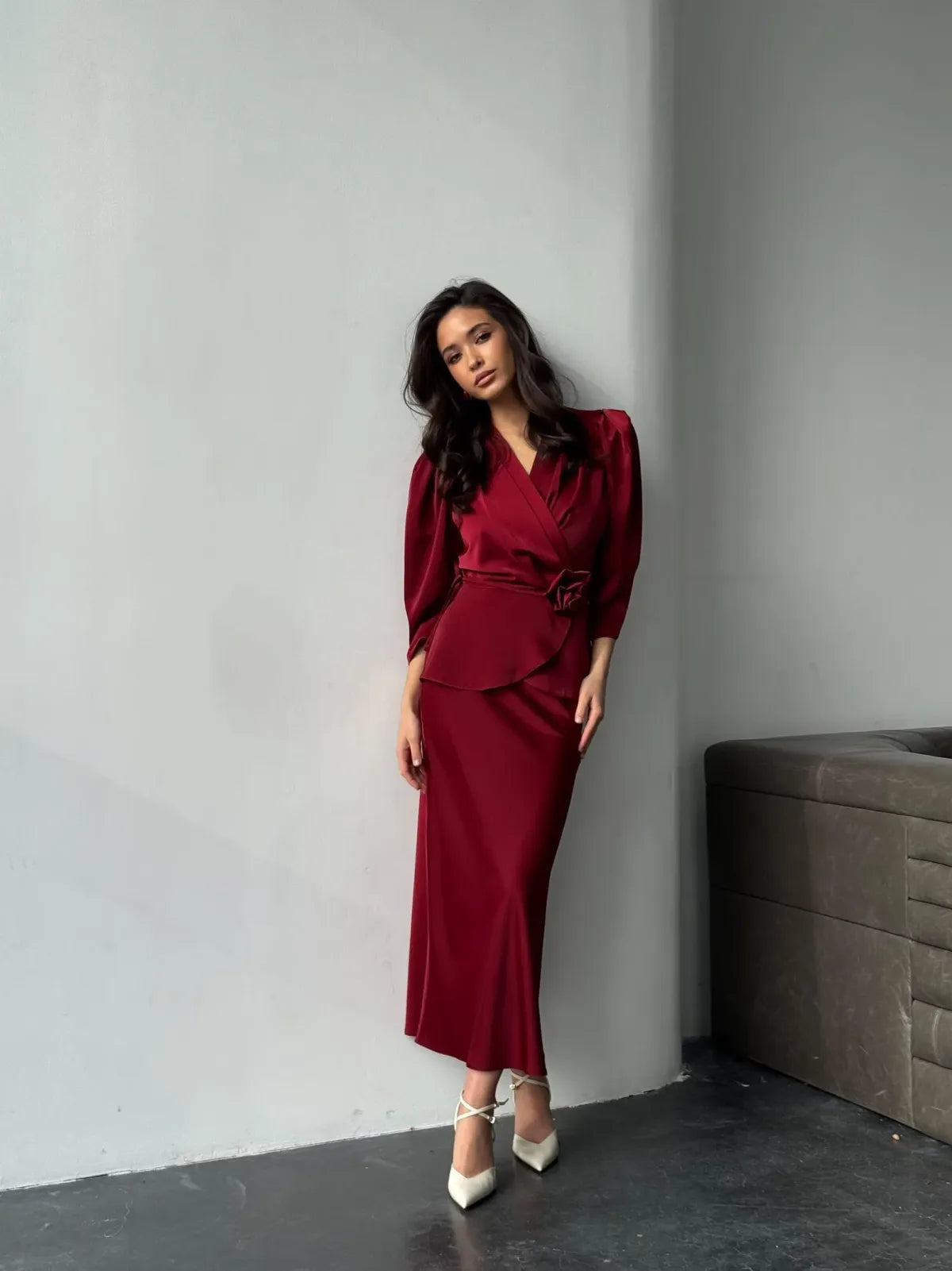 Red-Exquisite-Silk-Suit-Blouse---Midi-Skirt-Set