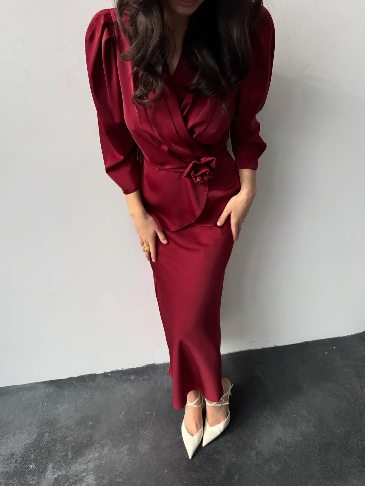 Red-Exquisite-Silk-Suit-Blouse---Midi-Skirt-Set