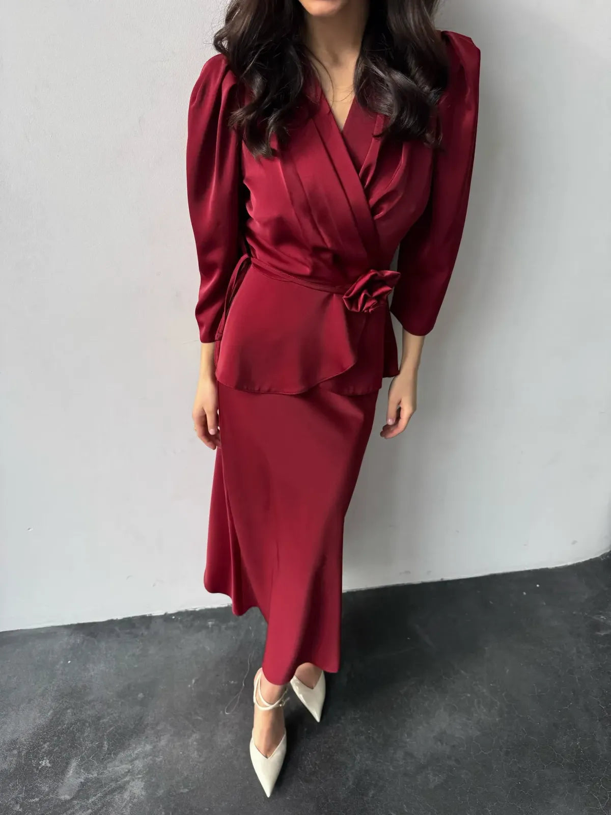Red-Exquisite-Silk-Suit-Blouse---Midi-Skirt-Set