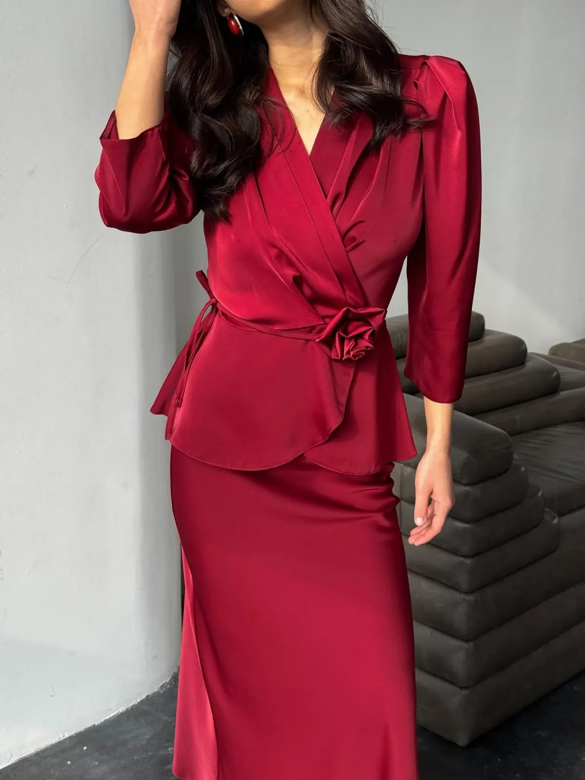 Red-Exquisite-Silk-Suit-Blouse---Midi-Skirt-Set
