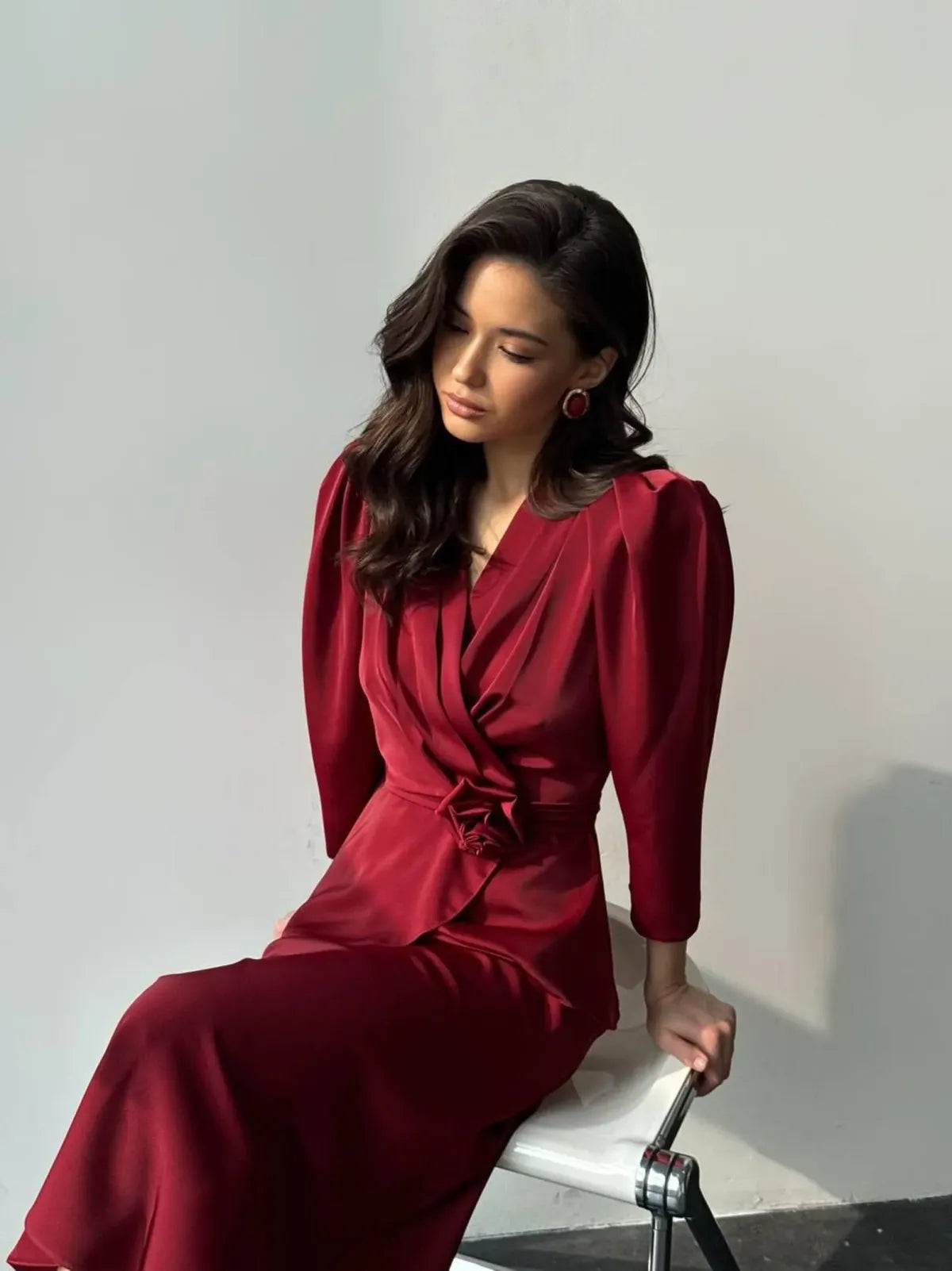 Red-Exquisite-Silk-Suit-Blouse---Midi-Skirt-Set