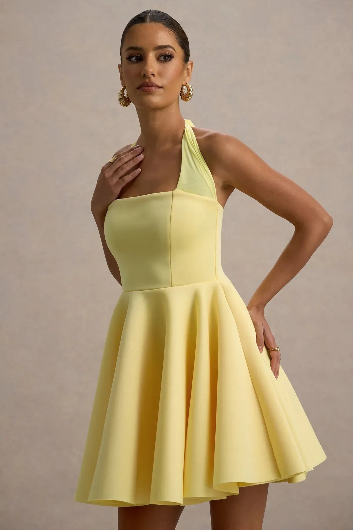 Lemon-Halter-Neck-Skater-Mini-Dress