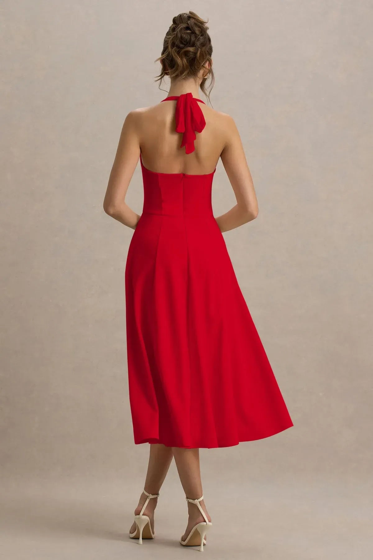 Red-Lora-Halter-Neck-Skater-Midi-Dress