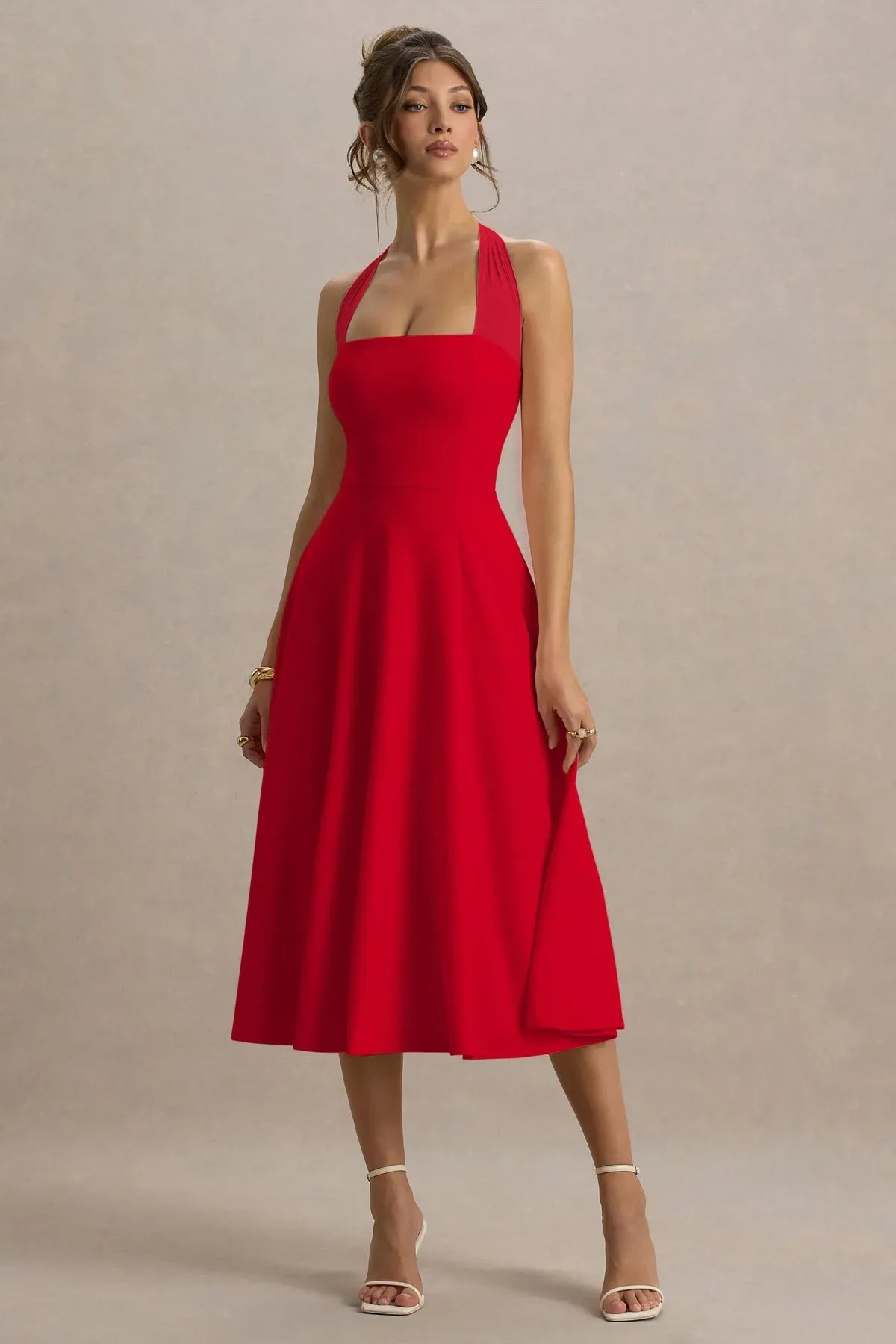 Red-Lora-Halter-Neck-Skater-Midi-Dress