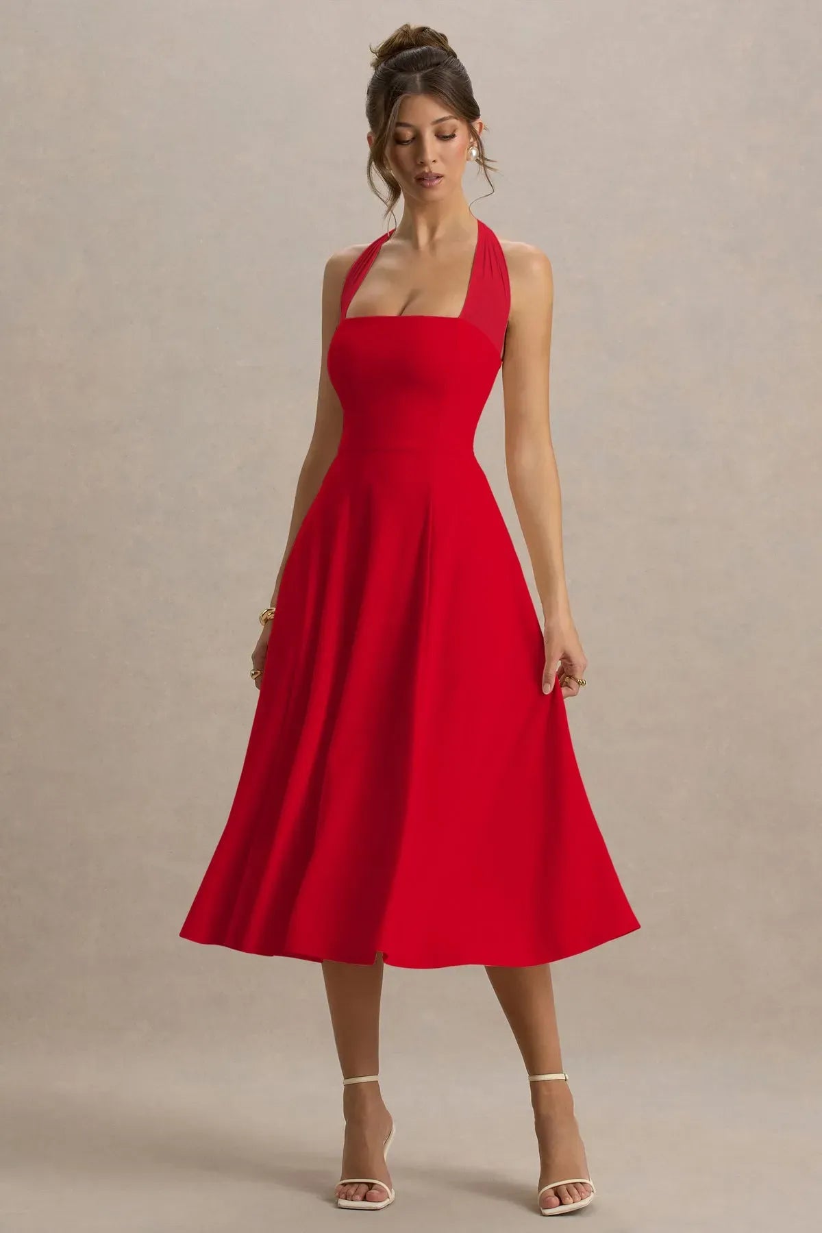 Red-Lora-Halter-Neck-Skater-Midi-Dress