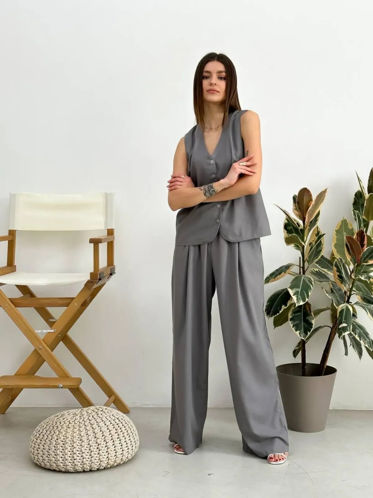 Grey Oversized Sleeveless Vest & Wide Leg Pants For Woman