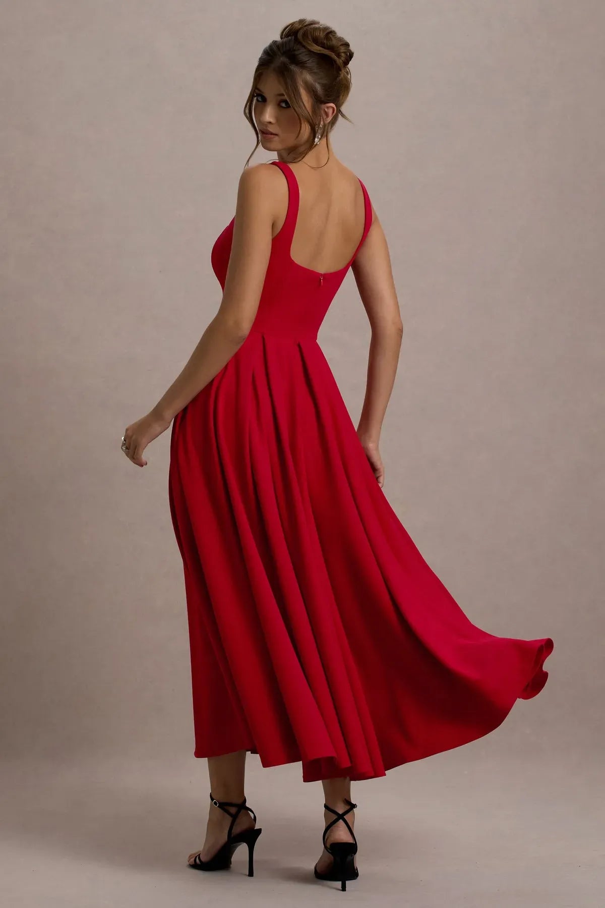 Red-Rarina-Strappy-Volume-Hem-Midi-Dress