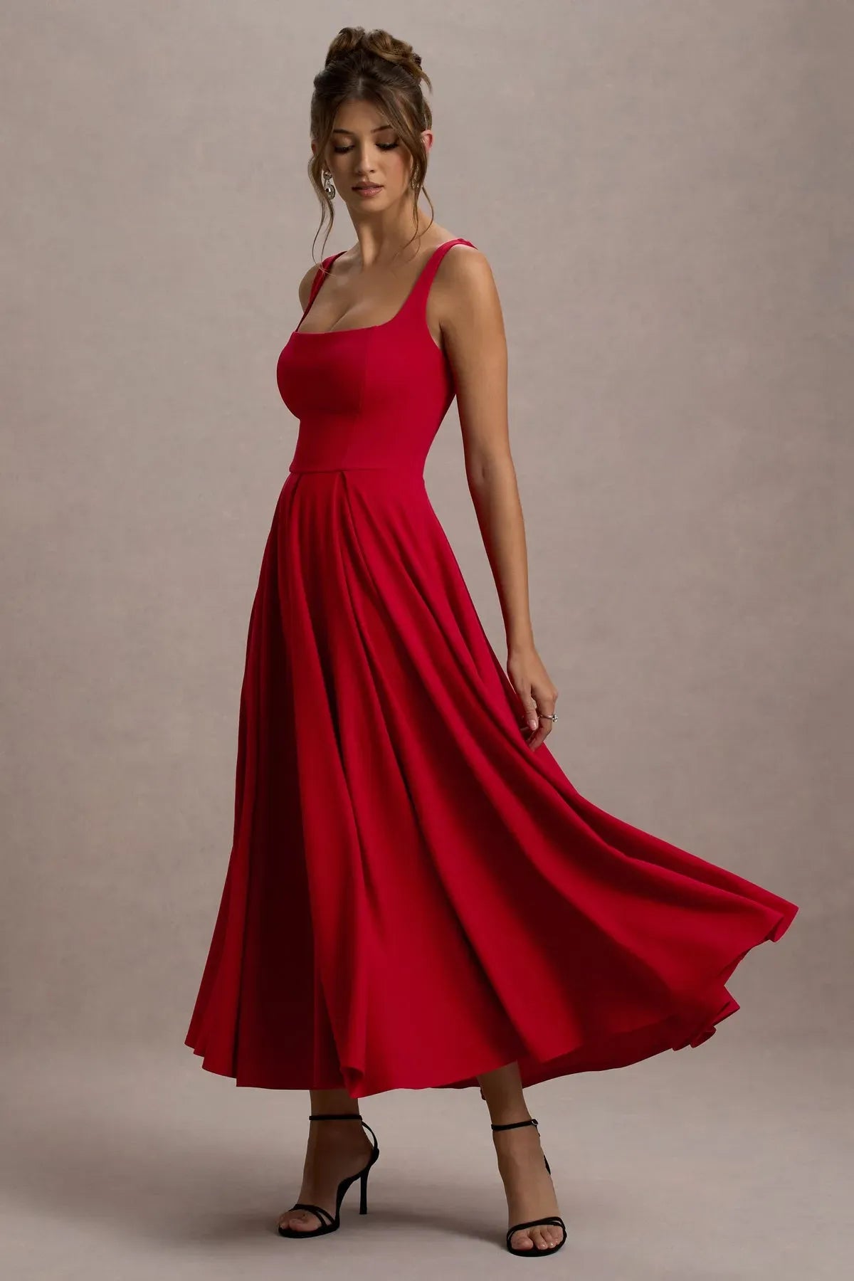 Red-Rarina-Strappy-Volume-Hem-Midi-Dress
