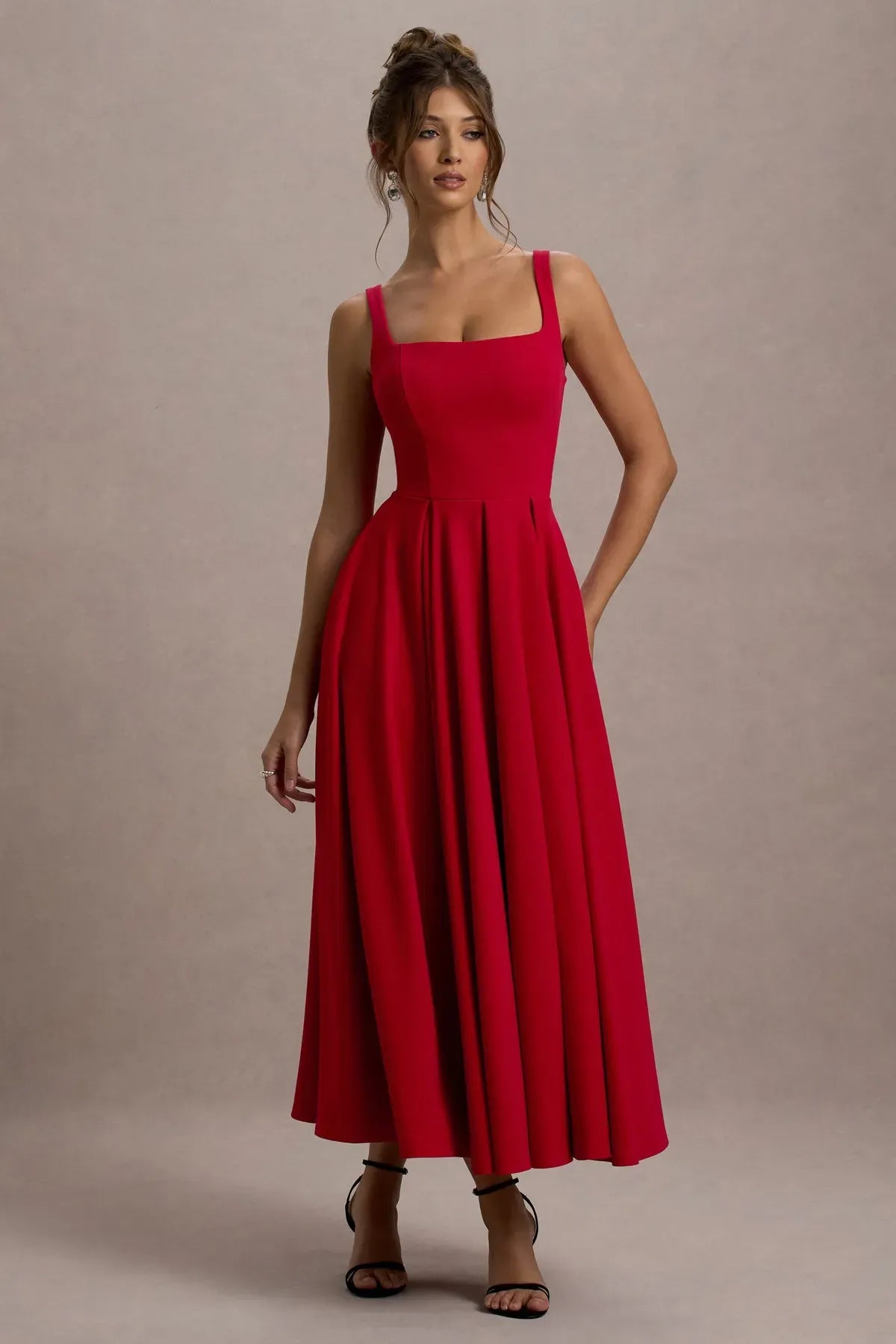 Red-Rarina-Strappy-Volume-Hem-Midi-Dress
