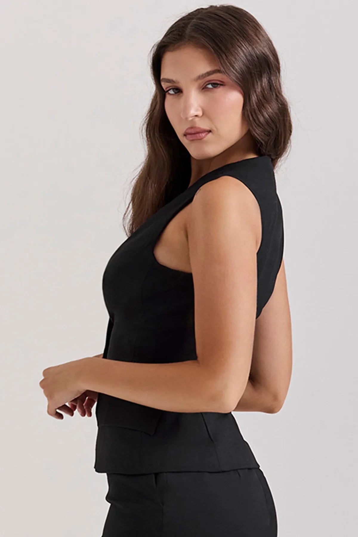 Slivia Black Sleeveless Tuxedo Top and Maxi Skirt