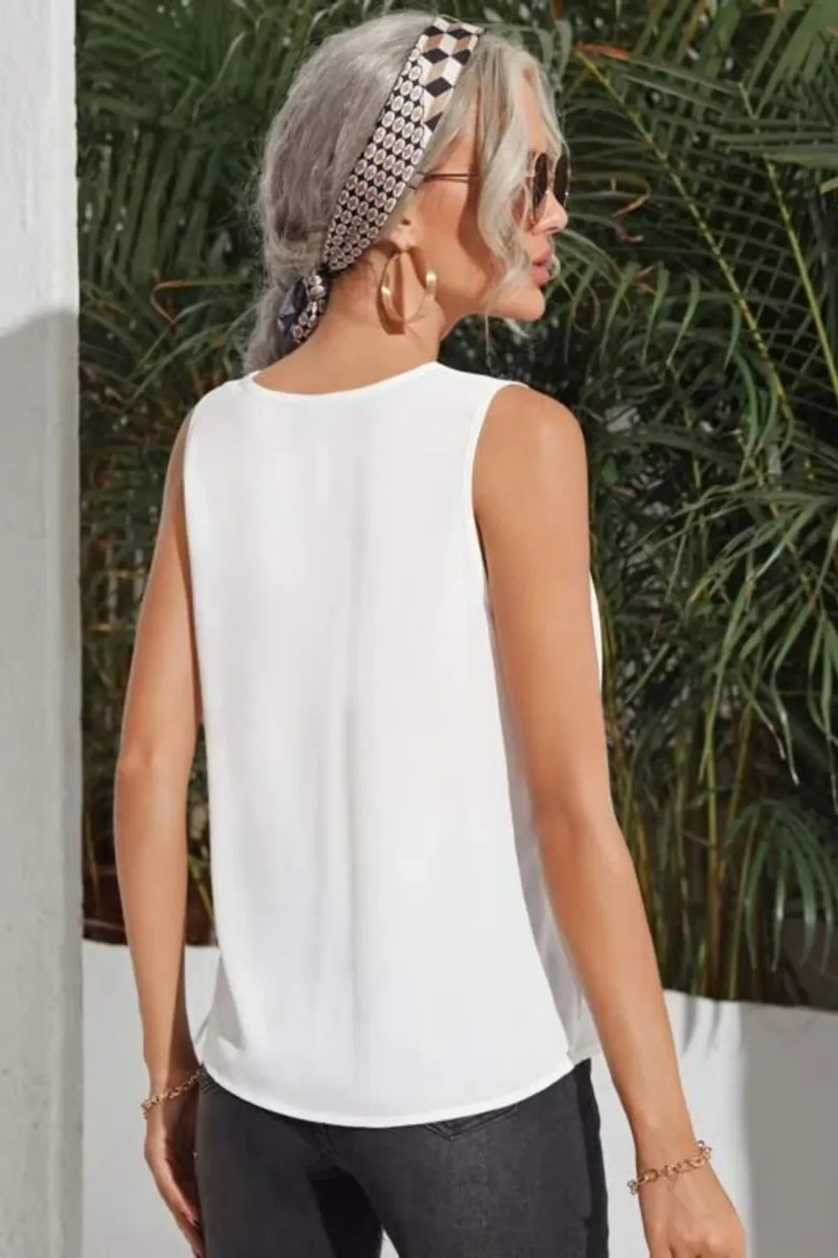 Women Sleeveless V Neck Work Office Blouse Pleated Tank Top
