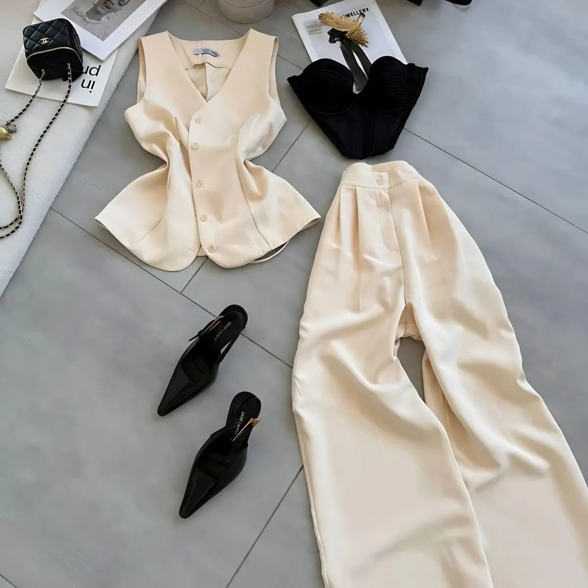 Ivory Womens Two Piece Suit With Vest And Wide Leg Pants