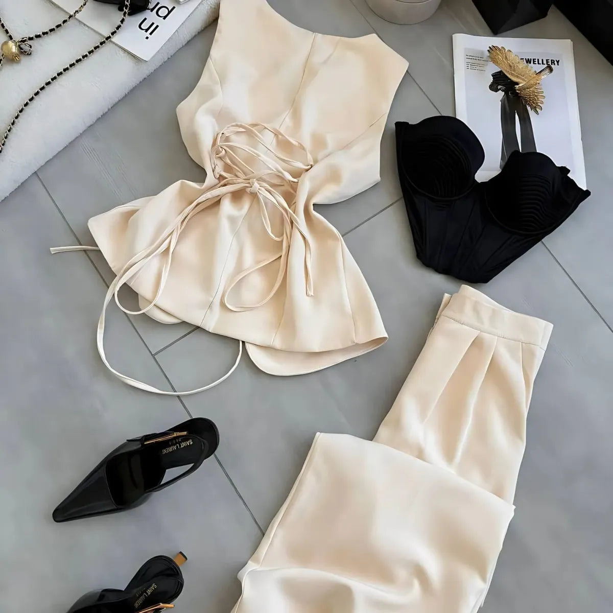 Ivory Womens Two Piece Suit With Vest And Wide Leg Pants