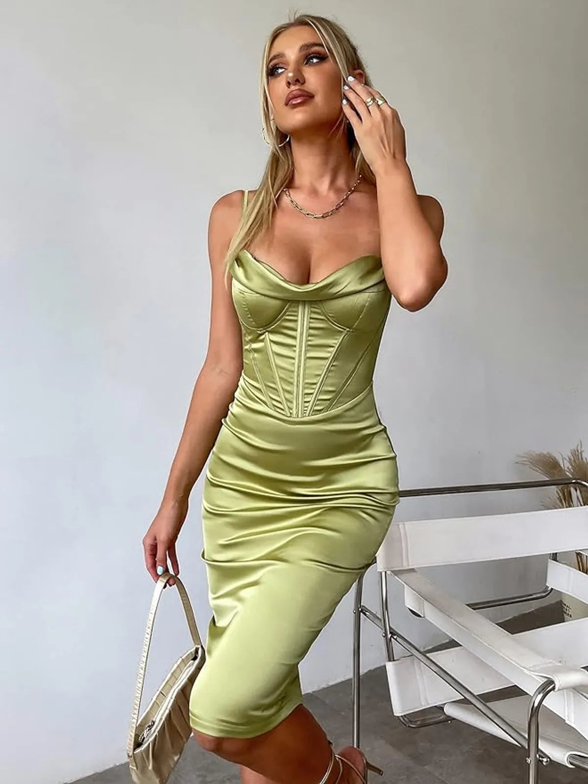 Women's Dress Boning Push Up Padded Corset Satin Dress