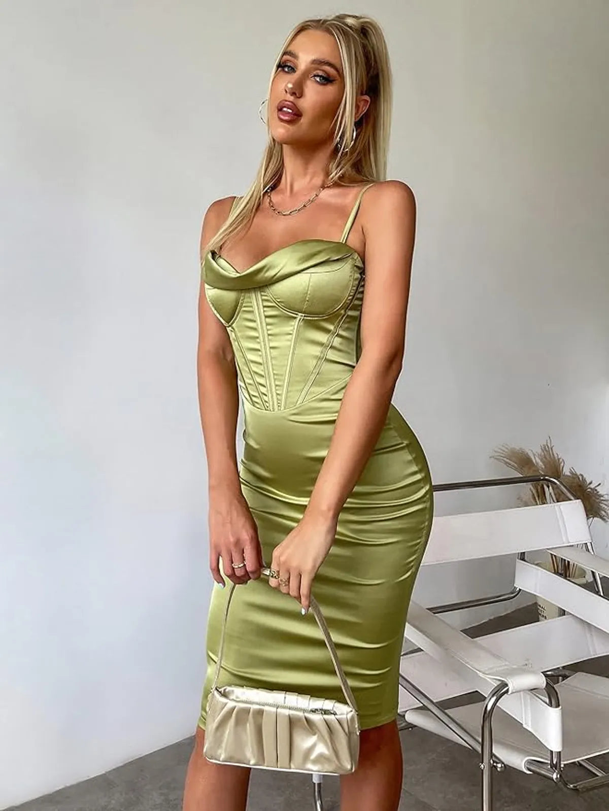 Women's Dress Boning Push Up Padded Corset Satin Dress