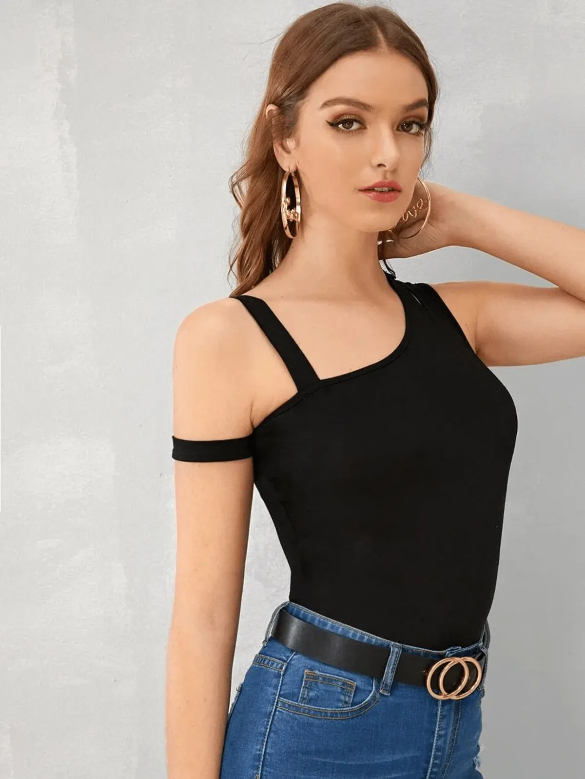 Black Color Asymmetrical Neck Cutout Detail Fitted Top