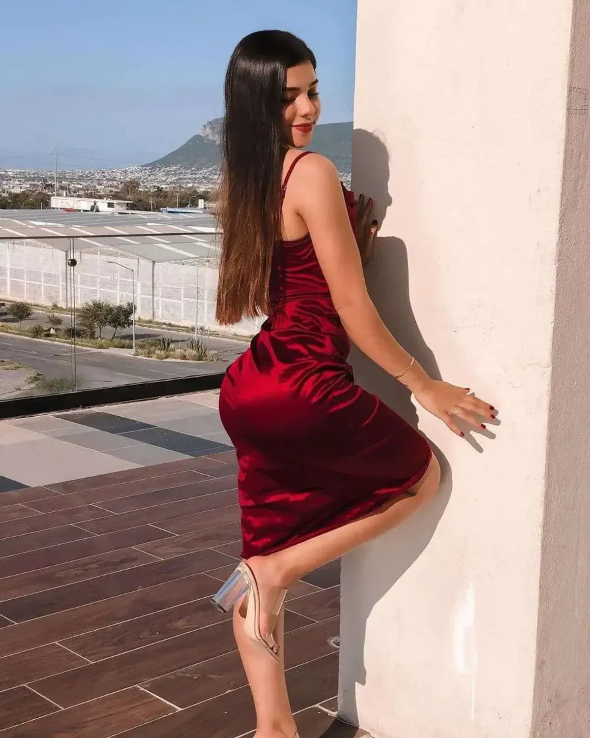 Red Color Scrunch Spaghetti Strap Dress