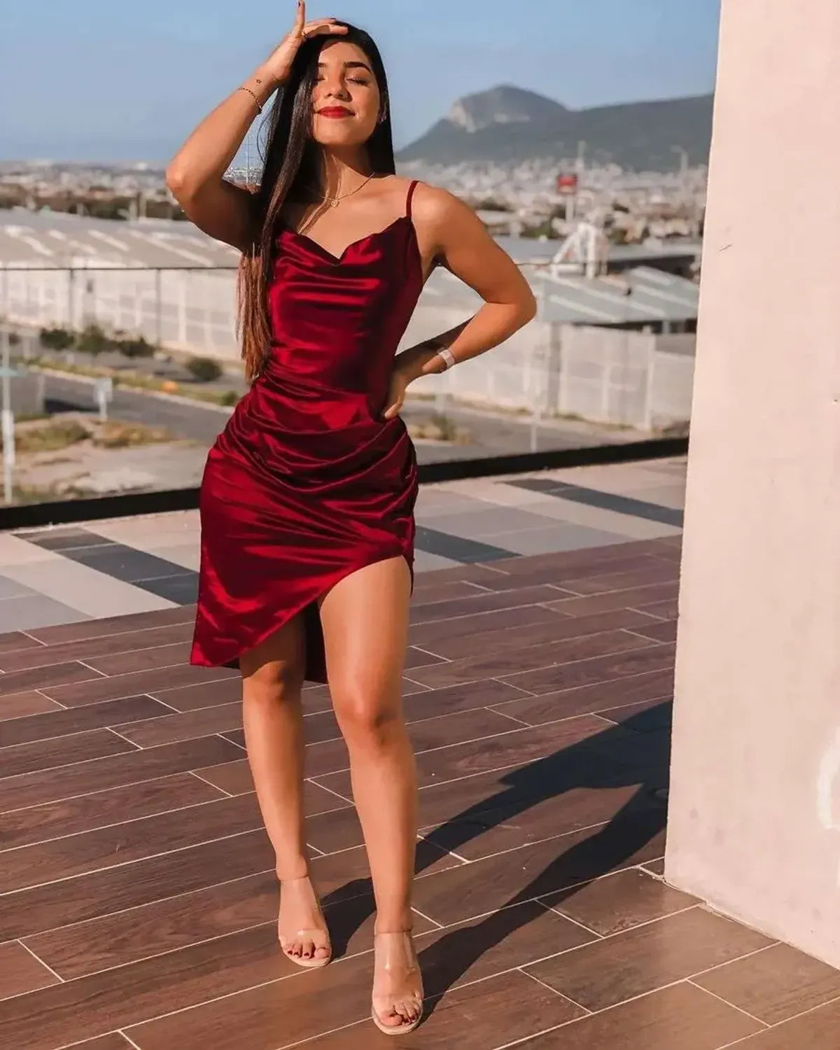 Red Color Scrunch Spaghetti Strap Dress