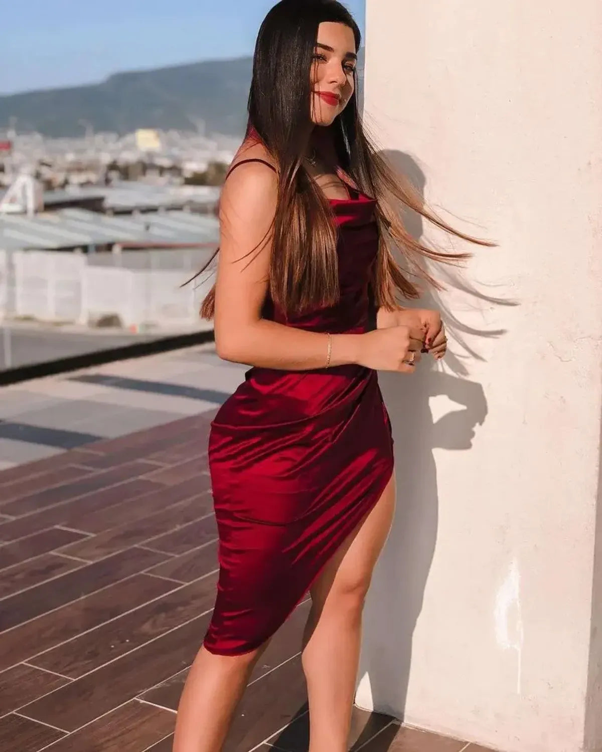 Red Color Scrunch Spaghetti Strap Dress