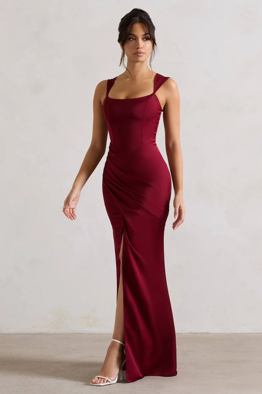 A Romantic Satin Corset Wrap Maxi Dress