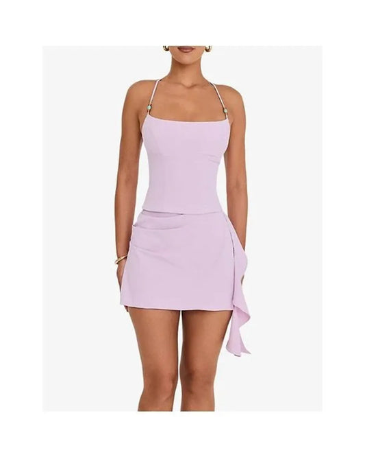 Beaded Crop Camisole Halter Top & Skirt