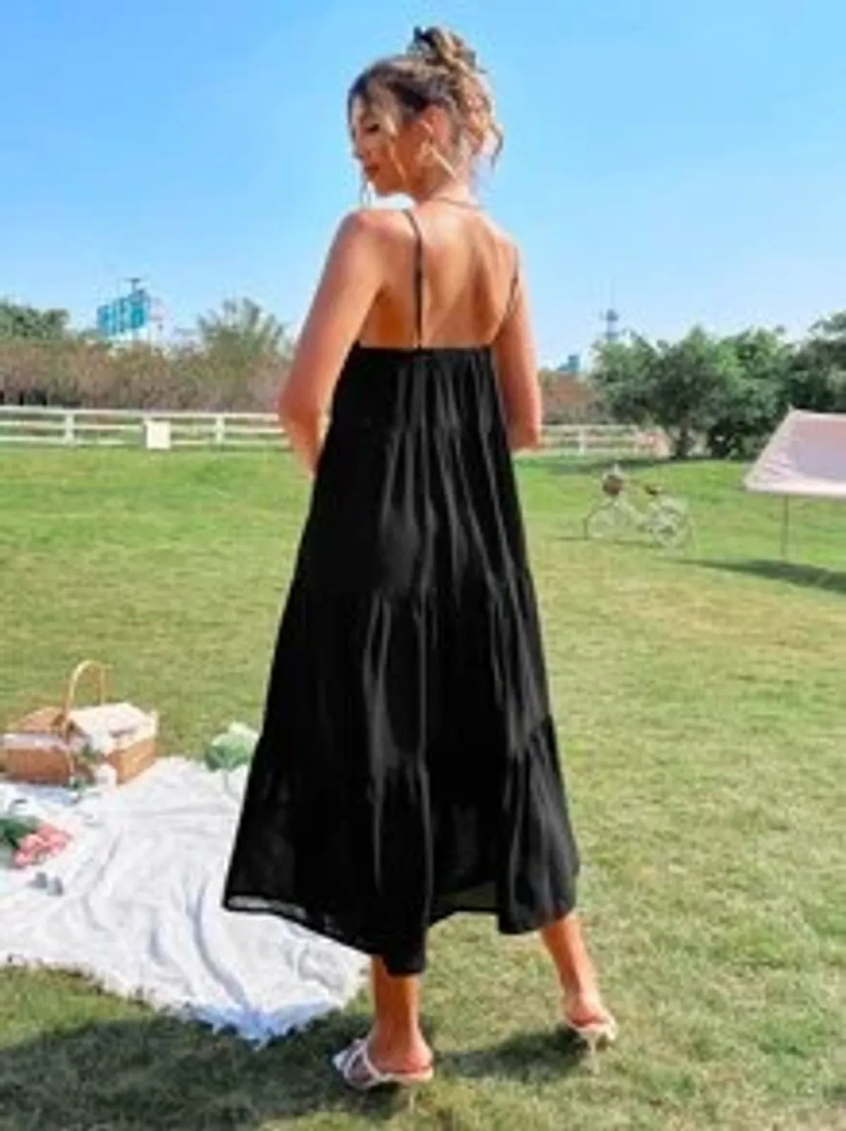 Black Color Cut Out Front Ruffle Hem Cami Dress
