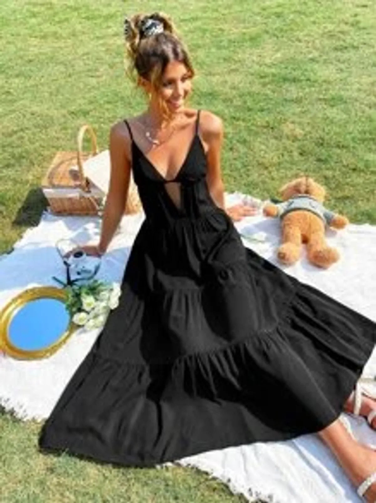 Black Color Cut Out Front Ruffle Hem Cami Dress