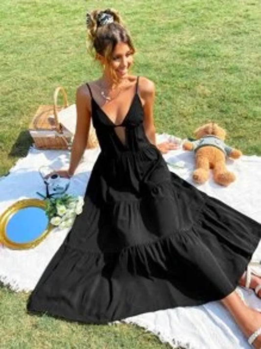 Black Color Cut Out Front Ruffle Hem Cami Dress