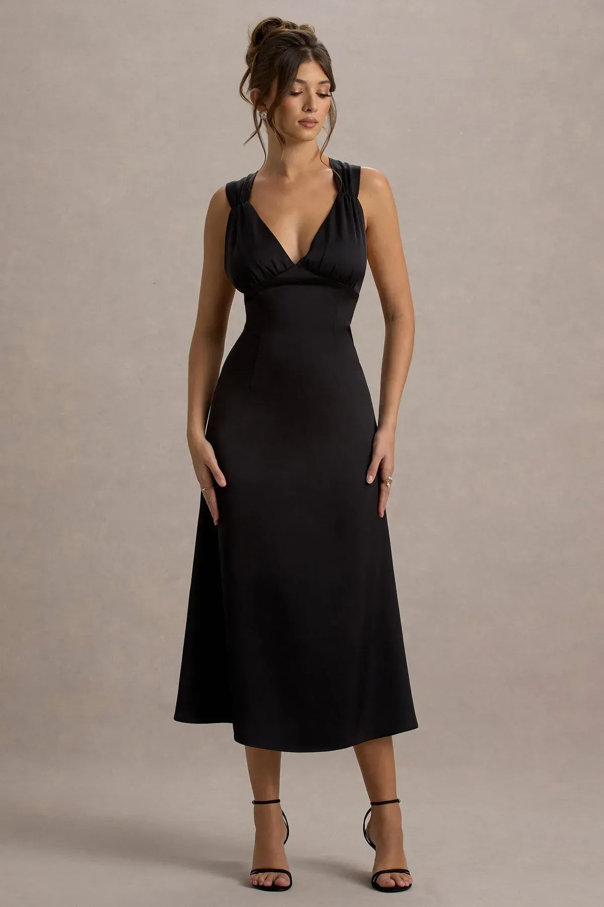 Black-Satin-Plunge-Neck-Cross-Back-Midi-Dress