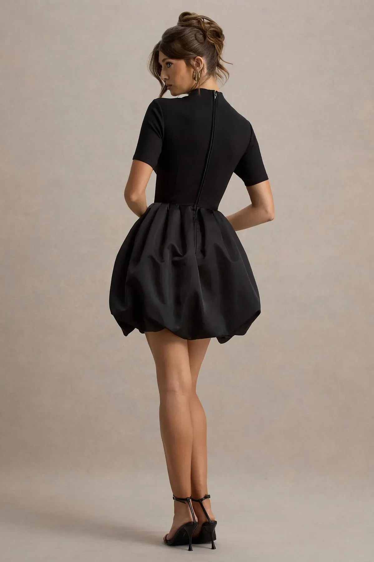 Black-Short-Sleeve-Mini-Dress-With-Satin-Puffball-Skirt