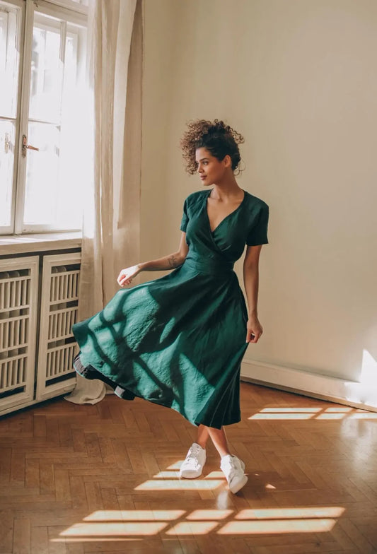 Green-Classic-Linen-Cotton-Dress-Women