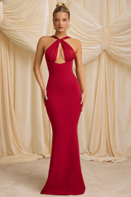 Detail Halterneck Maxi Dress in Red