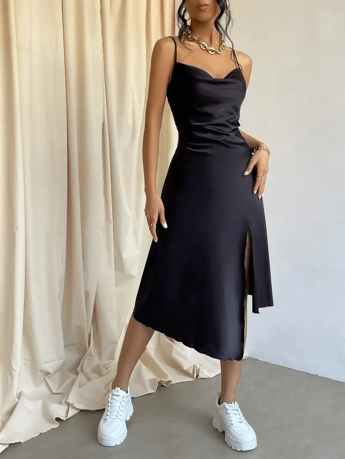 Draped Split Thigh Satin Cami Dress