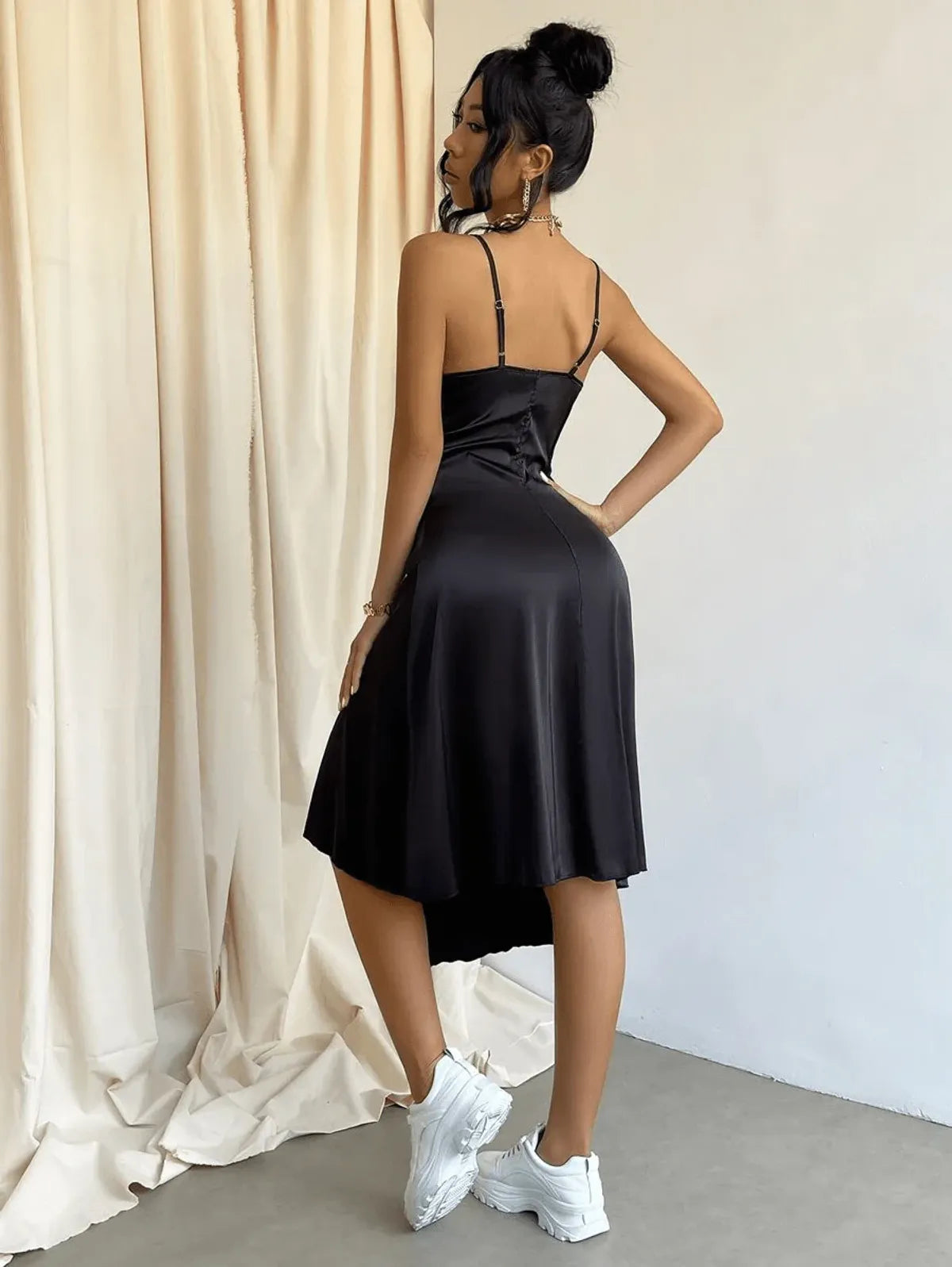 Draped Split Thigh Satin Cami Dress