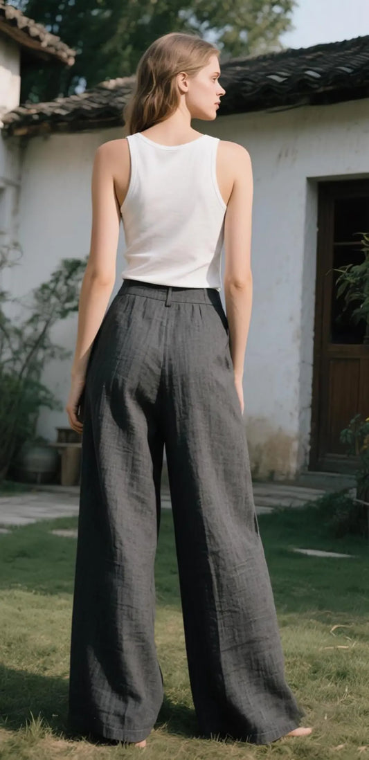 Grey-Linen-Cotton-High-Waisted-Wide-Leg-Trousers