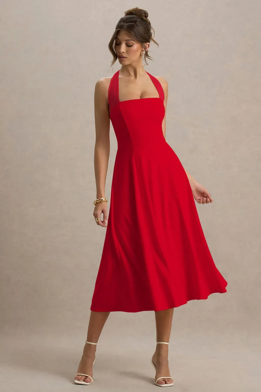 Red-Lora-Halter-Neck-Skater-Midi-Dress
