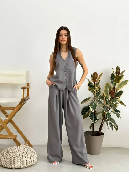 Grey Oversized Sleeveless Vest & Wide Leg Pants For Woman