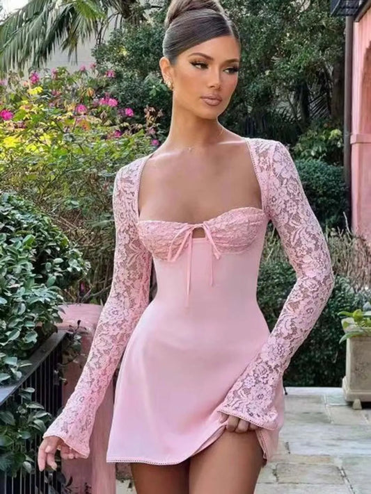 Pink Square Neck Solid Bodycon Dress