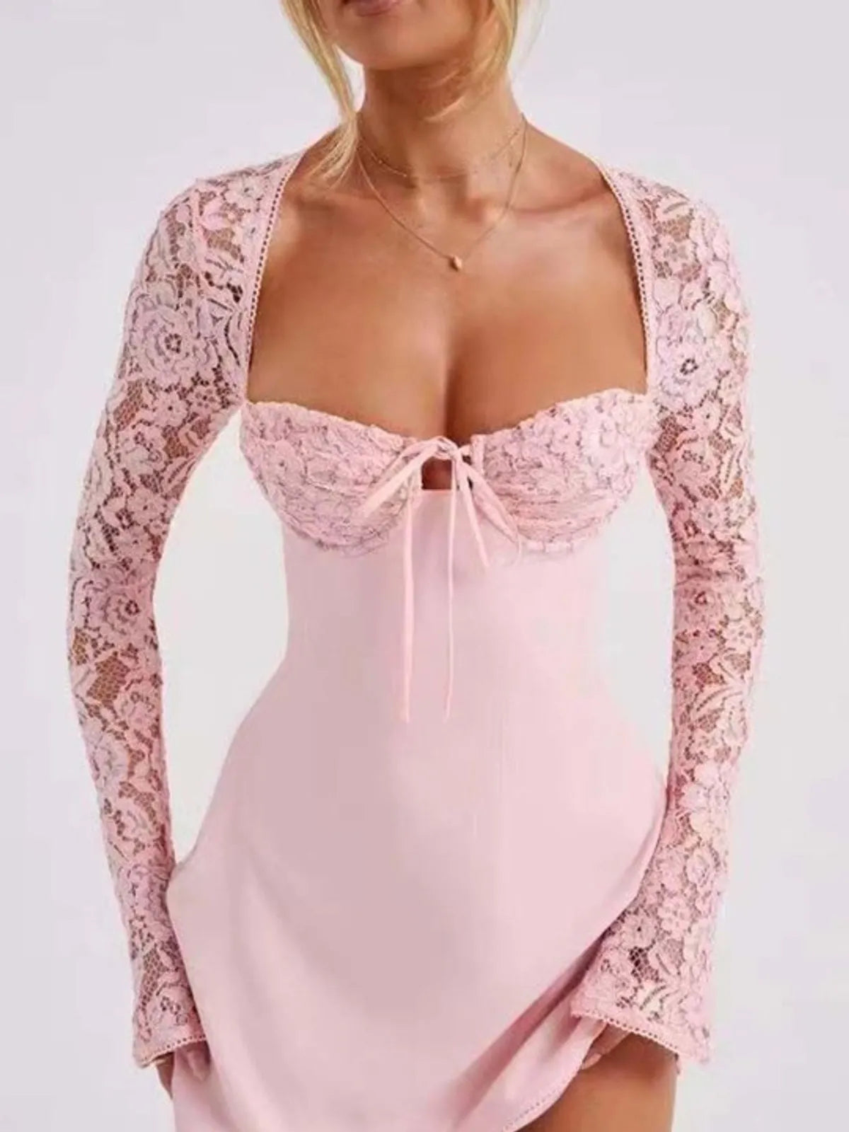 Pink Square Neck Solid Bodycon Dress